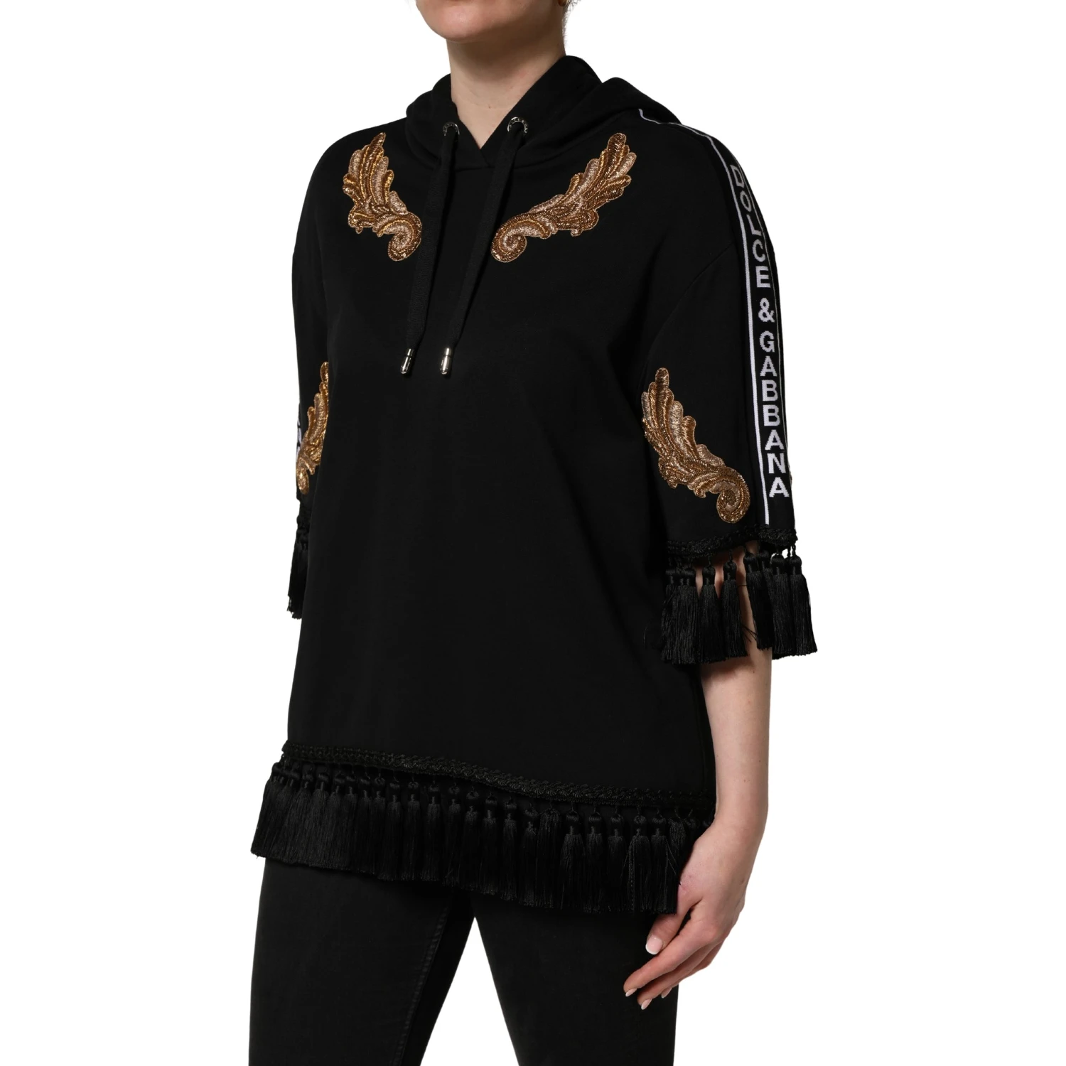 Black Embroidered Tassel Hooded Sweatshirt Sweater