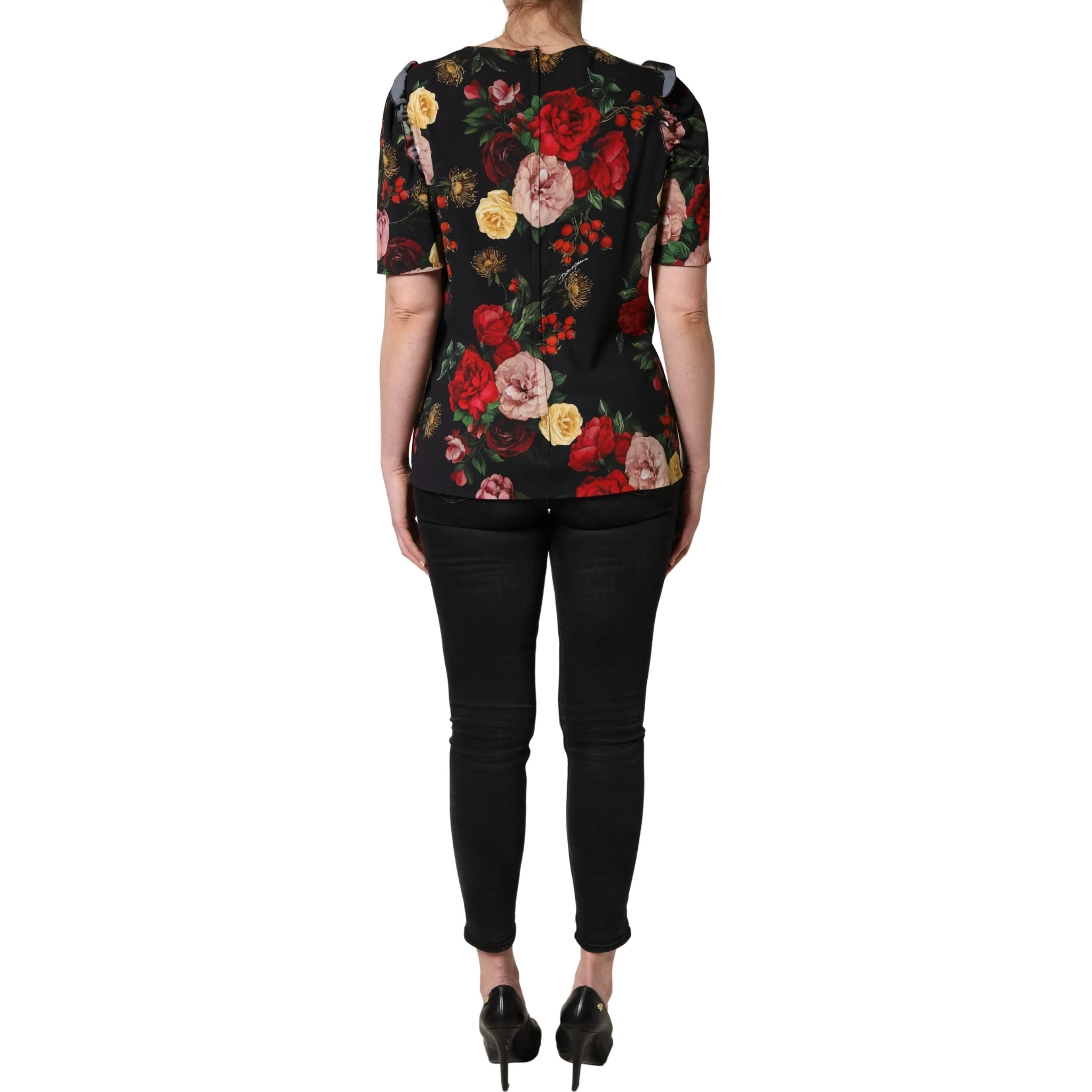 Black Floral Crepe Frill Detail Blouse Top
