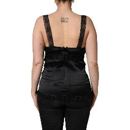 Black Silk Lace Trim Camisole V-neckline Tank Top
