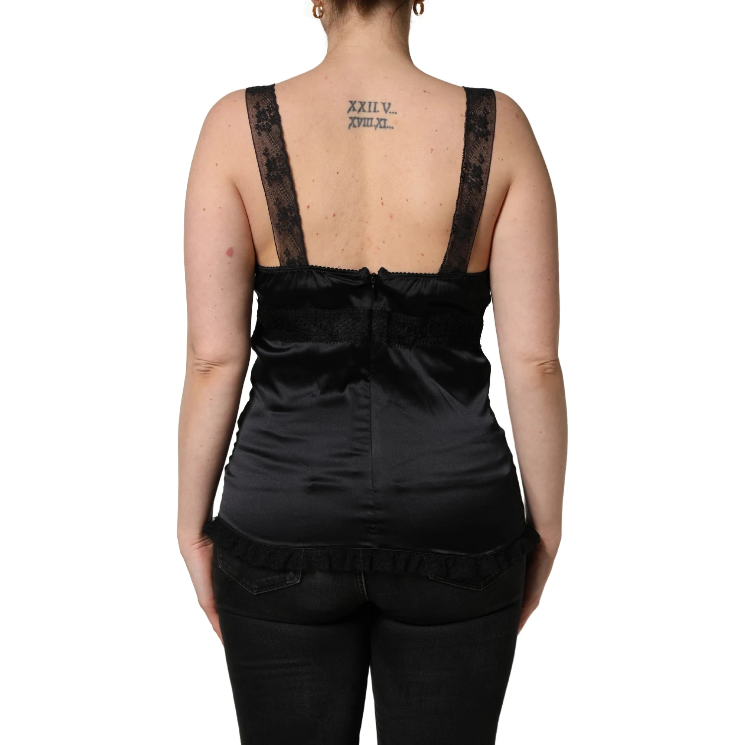 Black Silk Lace Trim Camisole V-neckline Tank Top