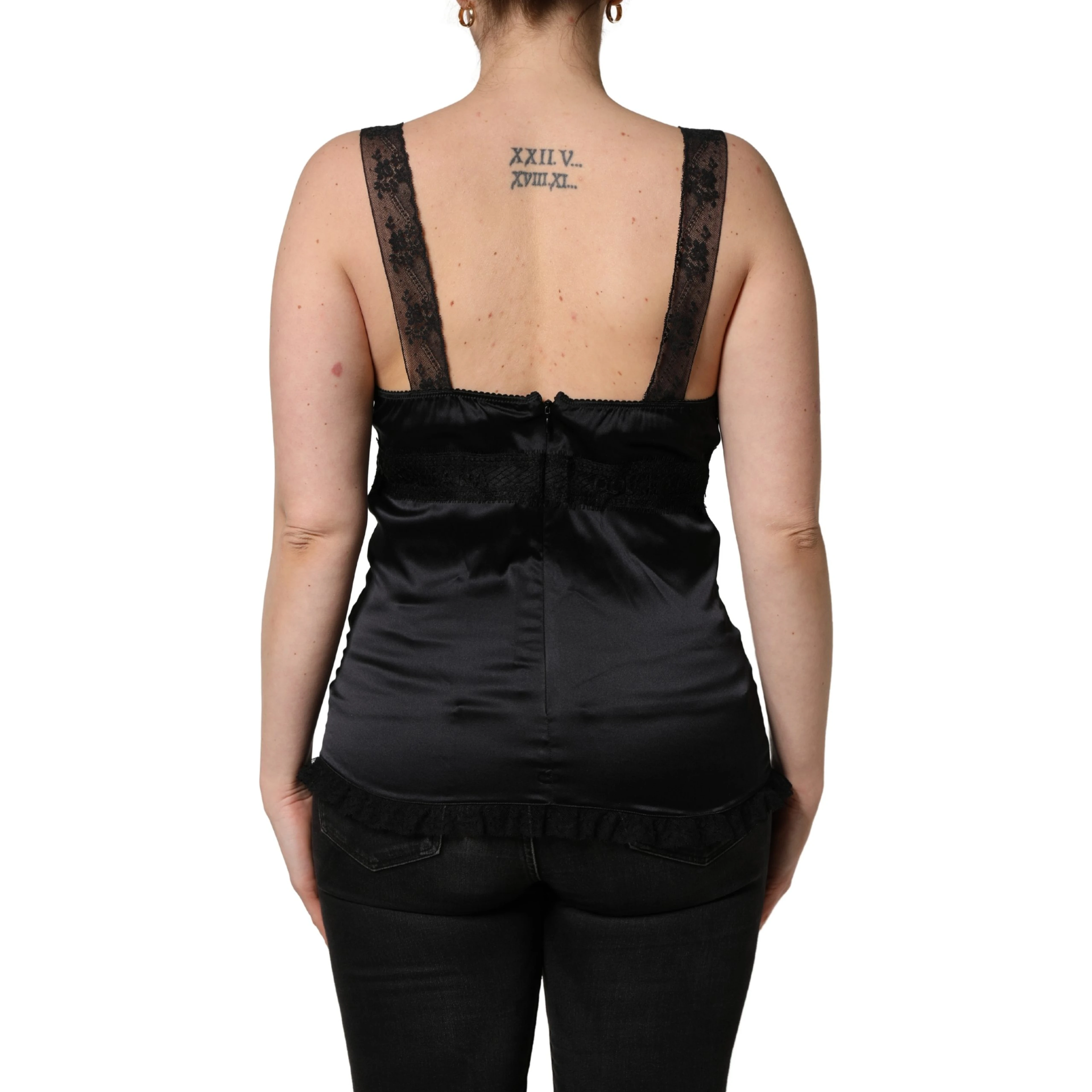 Black Silk Lace Trim Camisole V-neckline Tank Top
