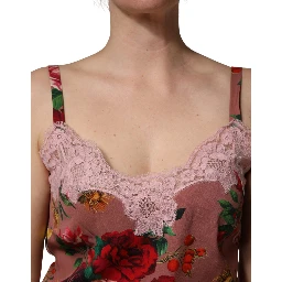 Brown Rose Print Satin Lace Camisole Tank Top
