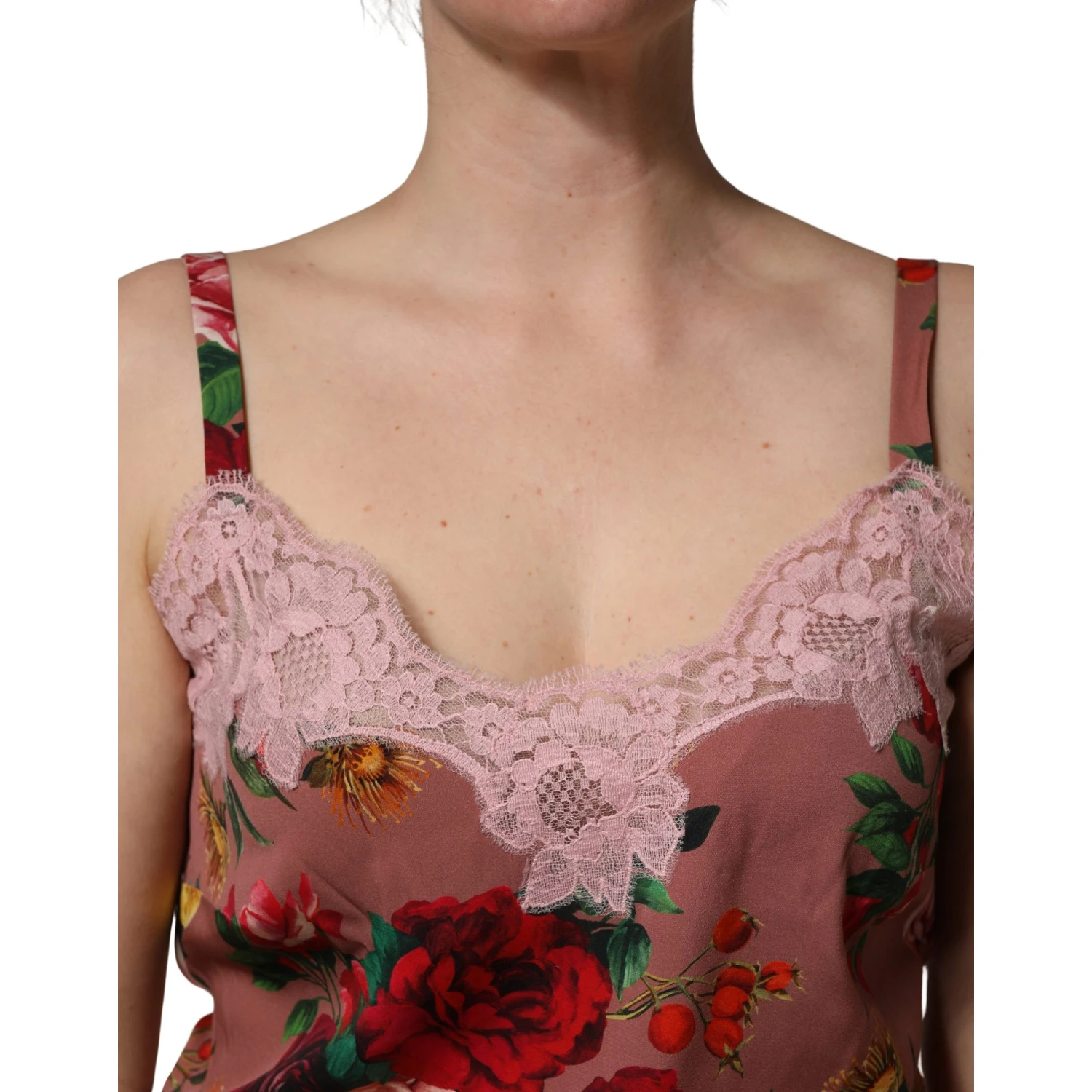 Brown Rose Print Satin Lace Camisole Tank Top