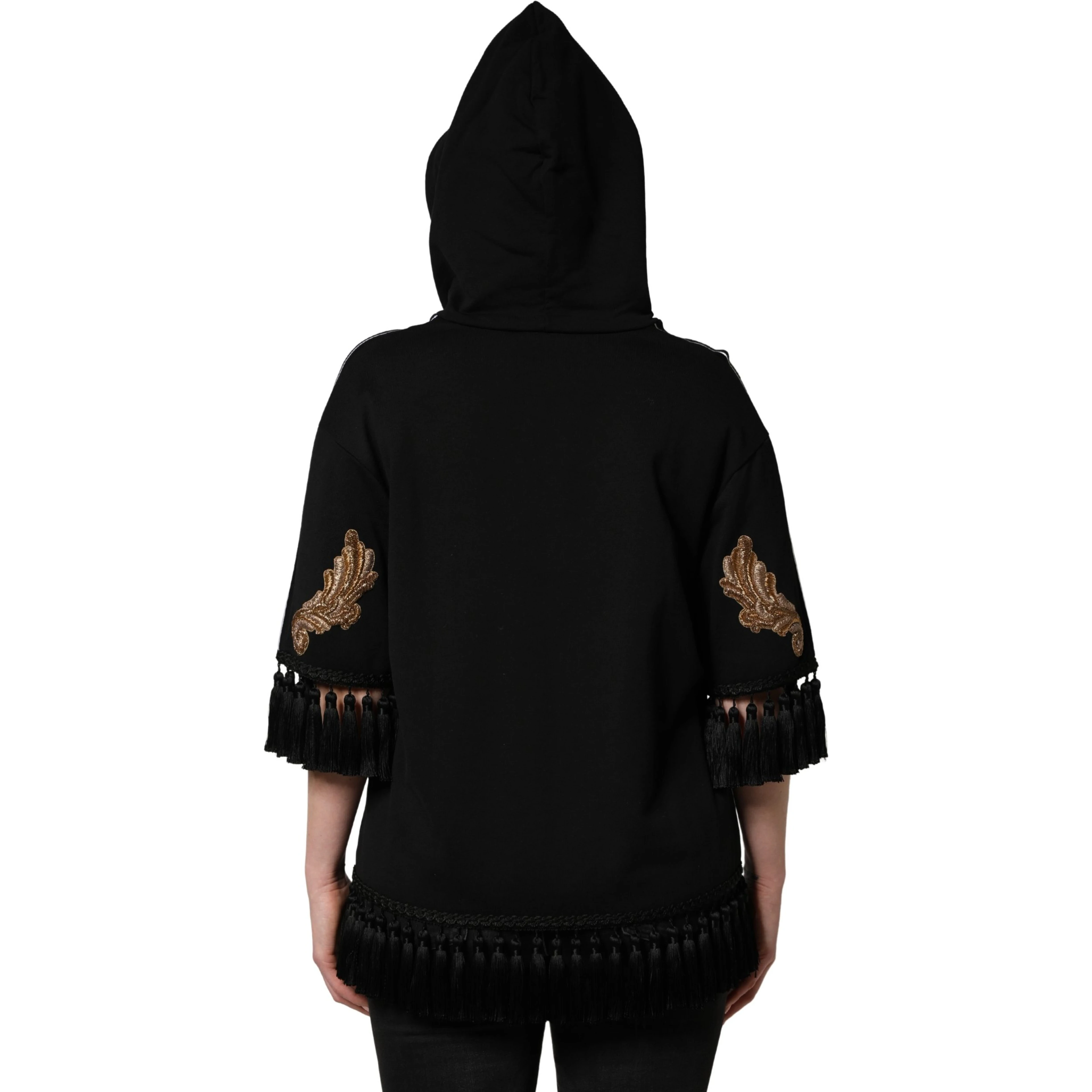 Black Embroidered Tassel Hooded Sweatshirt Sweater