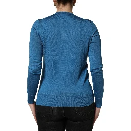 Blue Silk Sequined CrewNeck Pullover Sweater