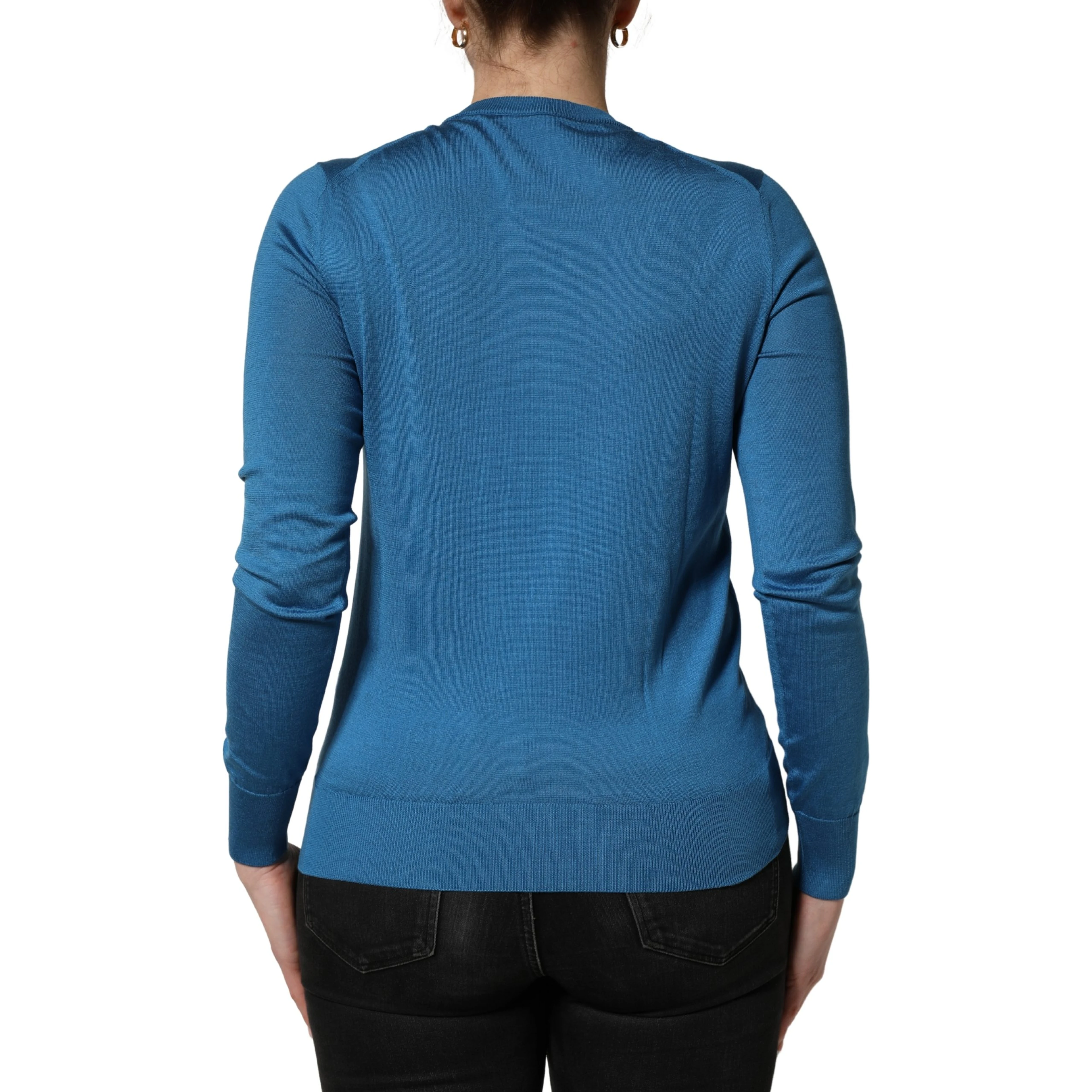 Blue Silk Sequined CrewNeck Pullover Sweater