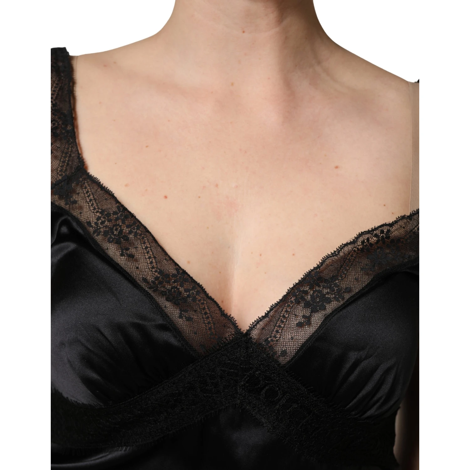 Black Silk Lace Trim Camisole V-neckline Tank Top