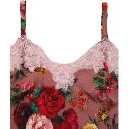 Brown Rose Print Satin Lace Camisole Tank Top