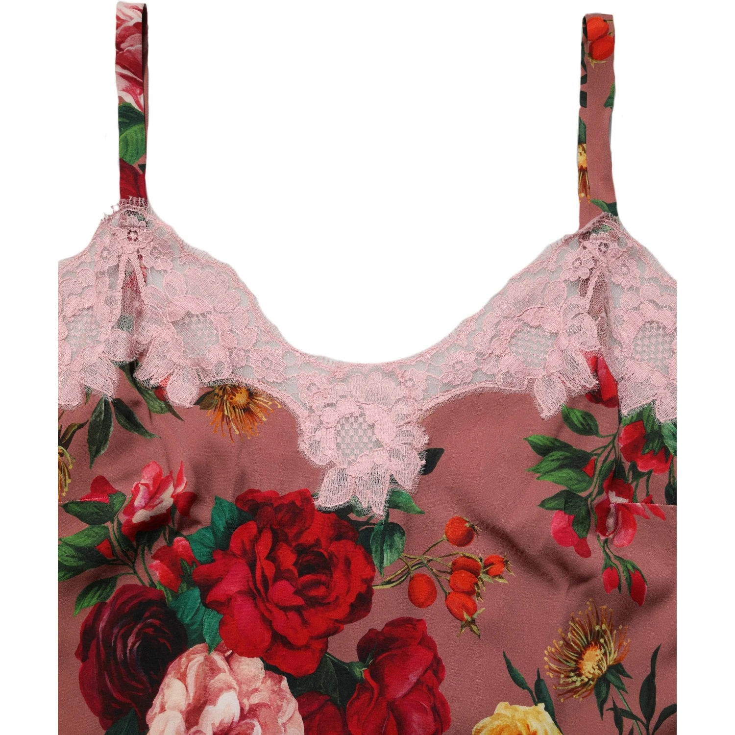 Brown Rose Print Satin Lace Camisole Tank Top