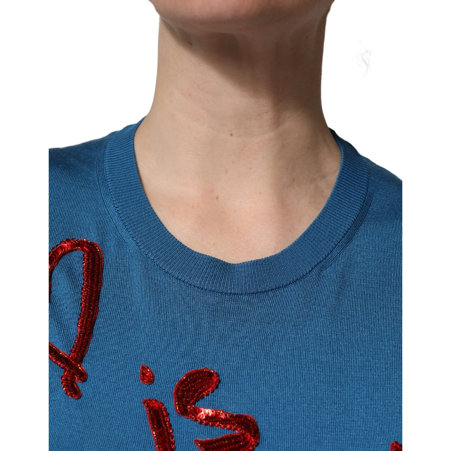 Blue Silk Sequined CrewNeck Pullover Sweater