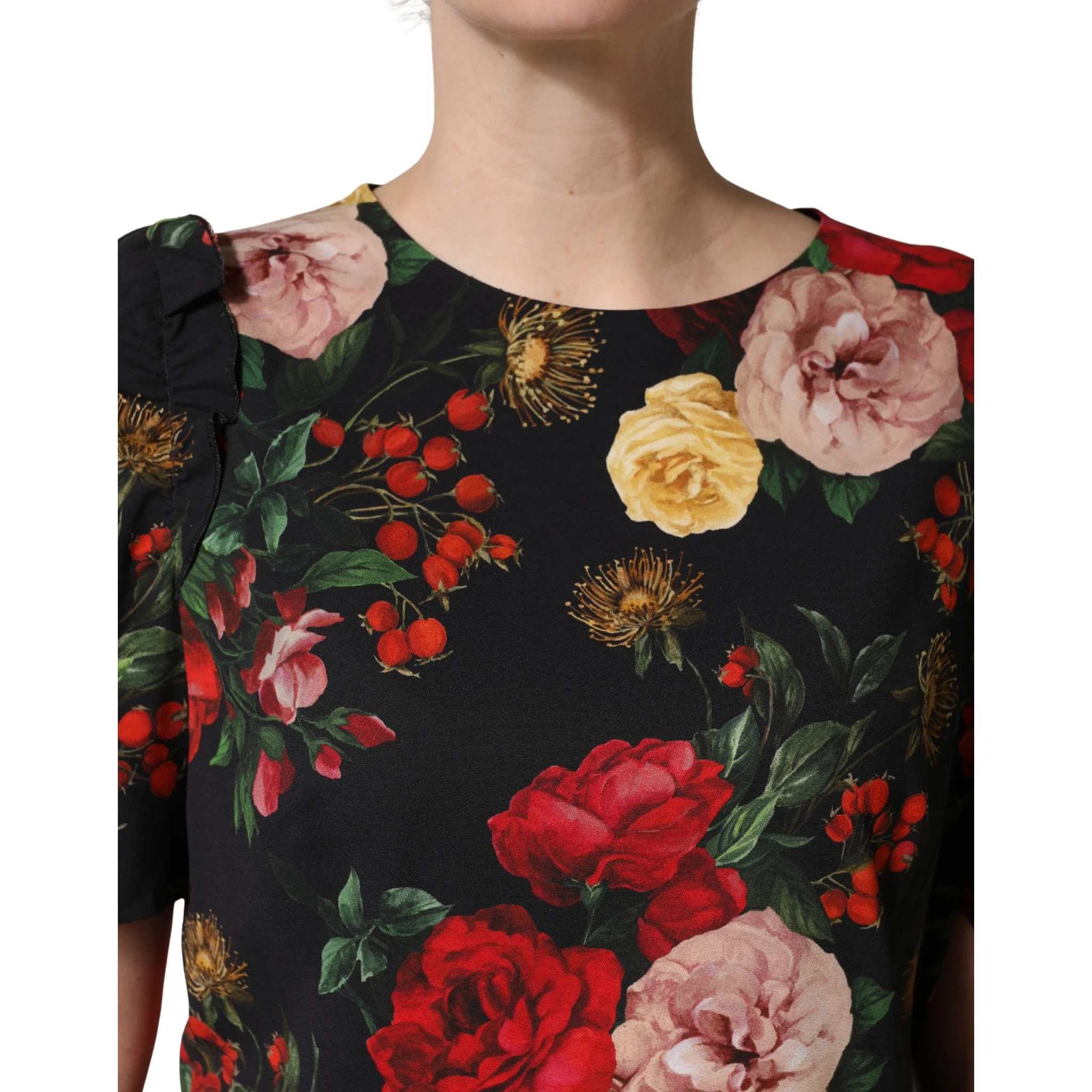 Black Floral Crepe Frill Detail Blouse Top