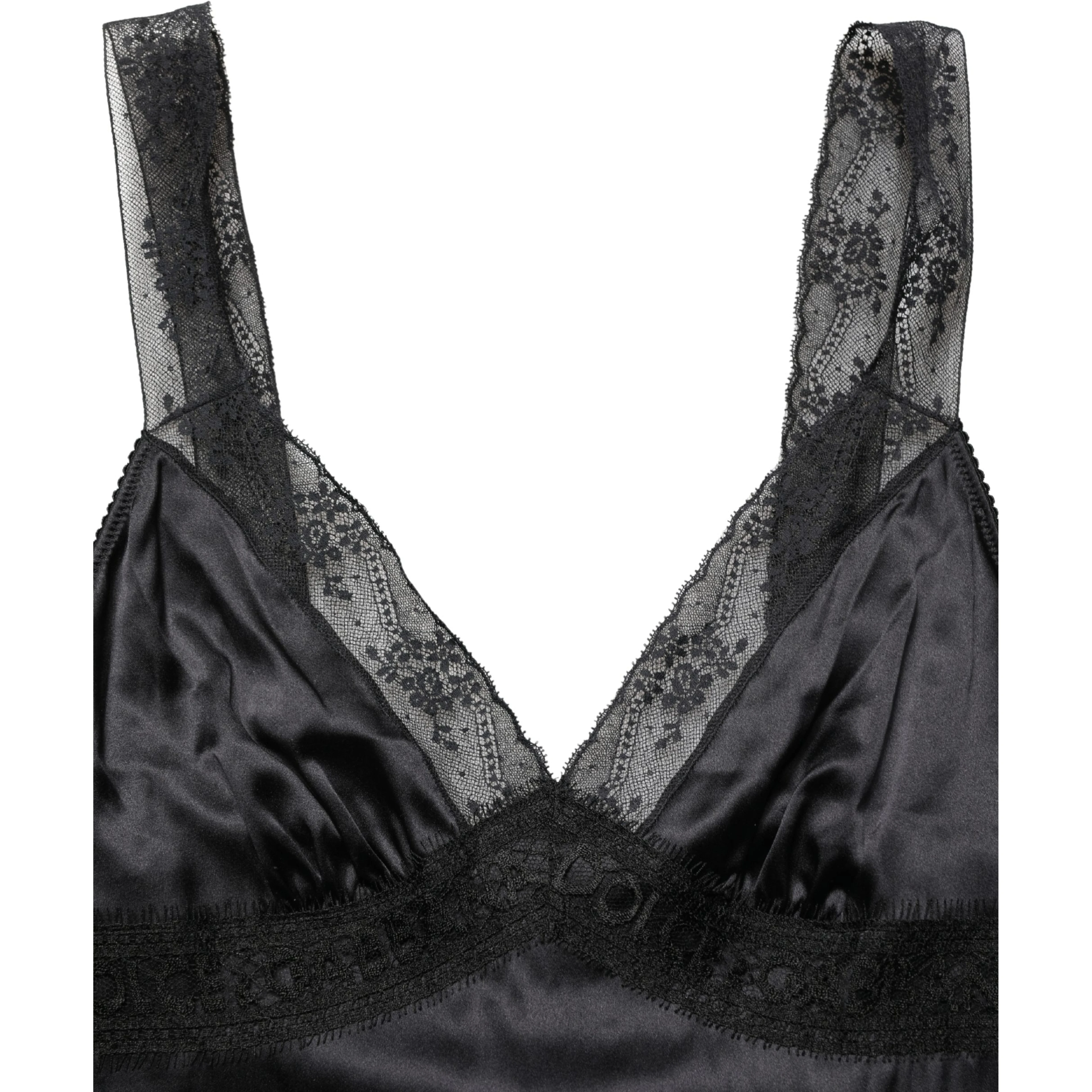 Black Silk Lace Trim Camisole V-neckline Tank Top