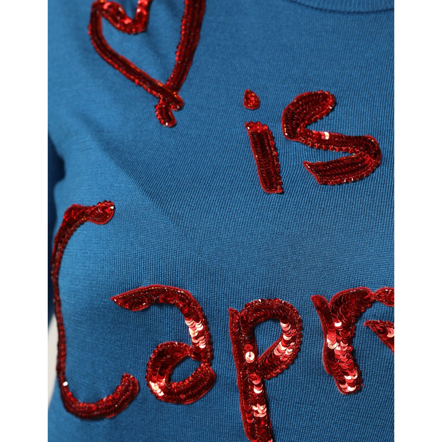 Blue Silk Sequined CrewNeck Pullover Sweater