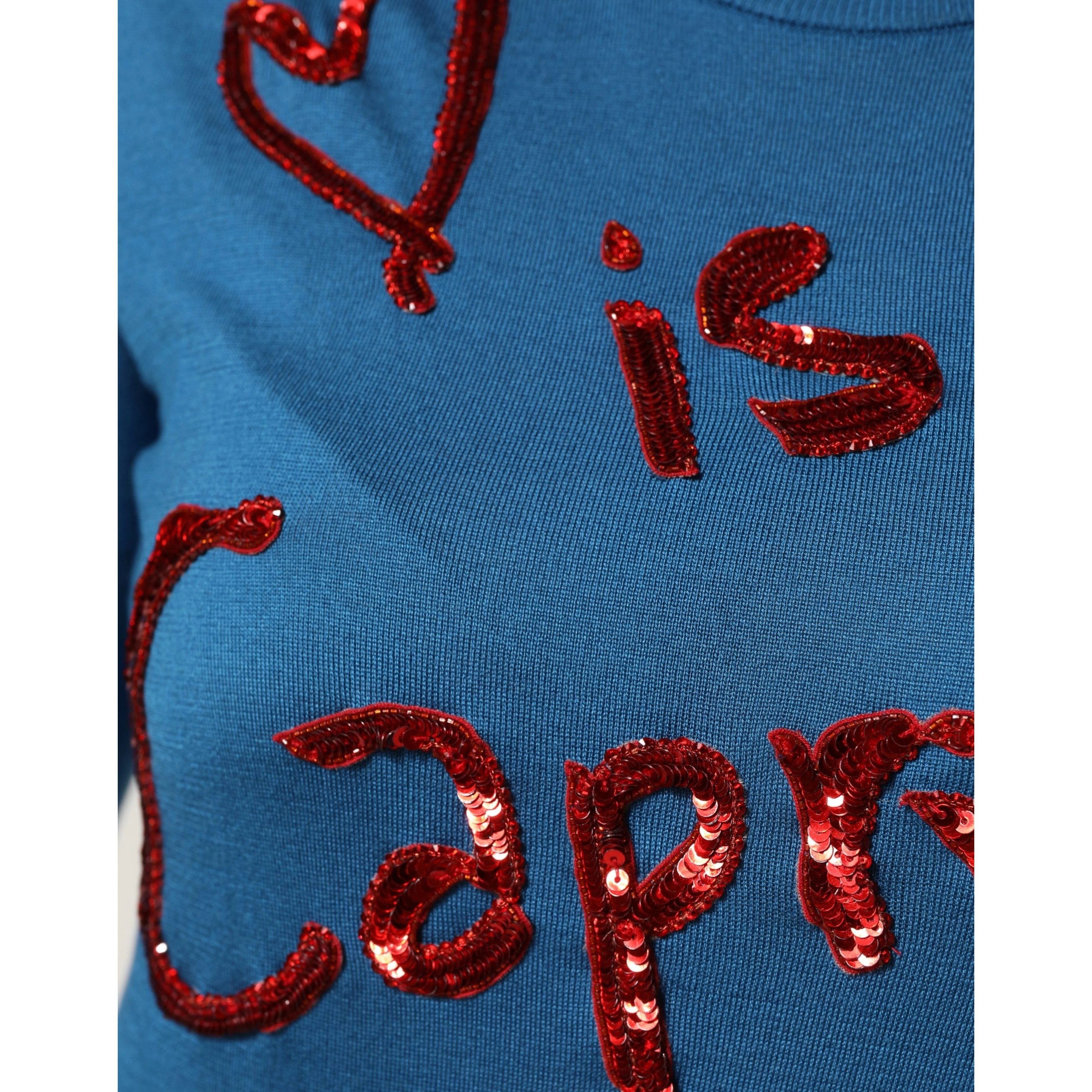 Blue Silk Sequined CrewNeck Pullover Sweater
