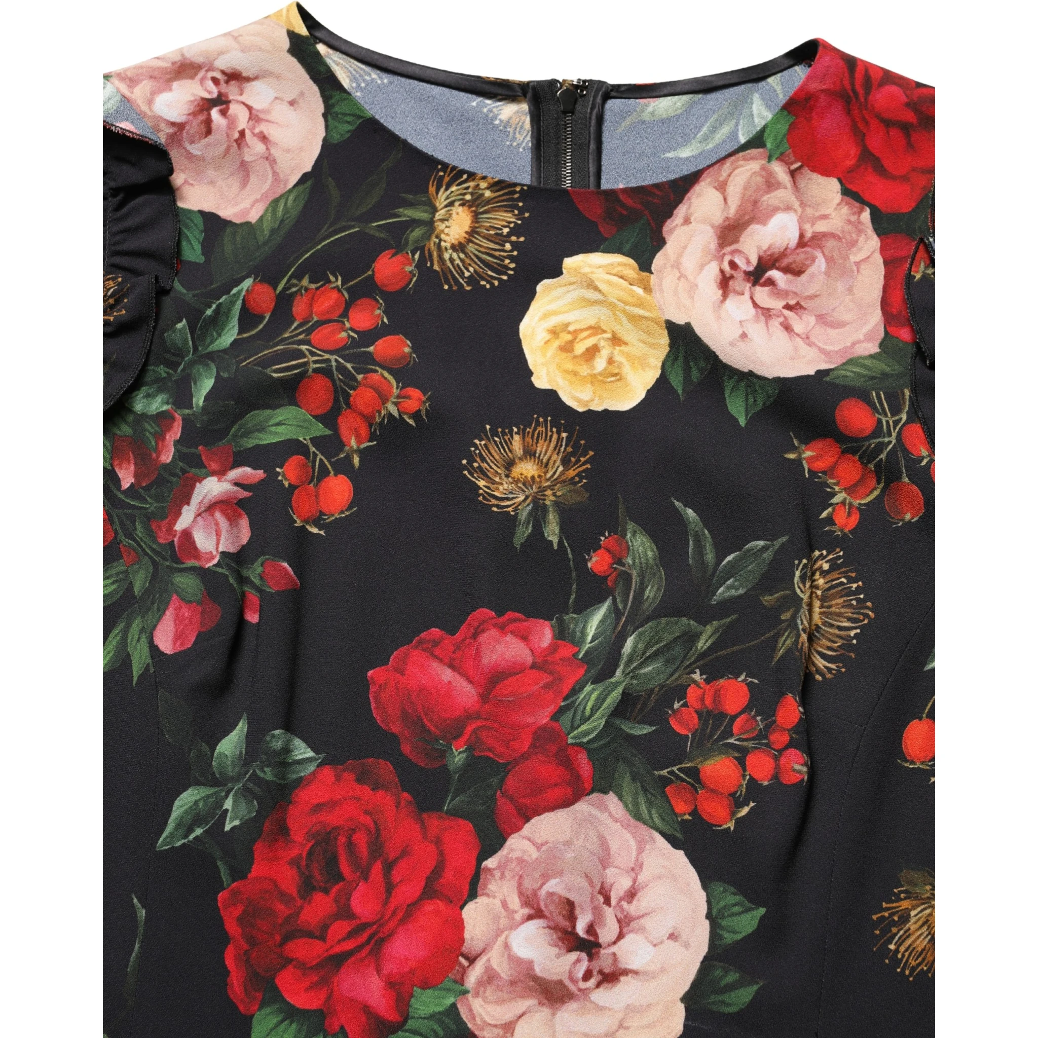 Black Floral Crepe Frill Detail Blouse Top