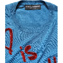 Blue Silk Sequined CrewNeck Pullover Sweater
