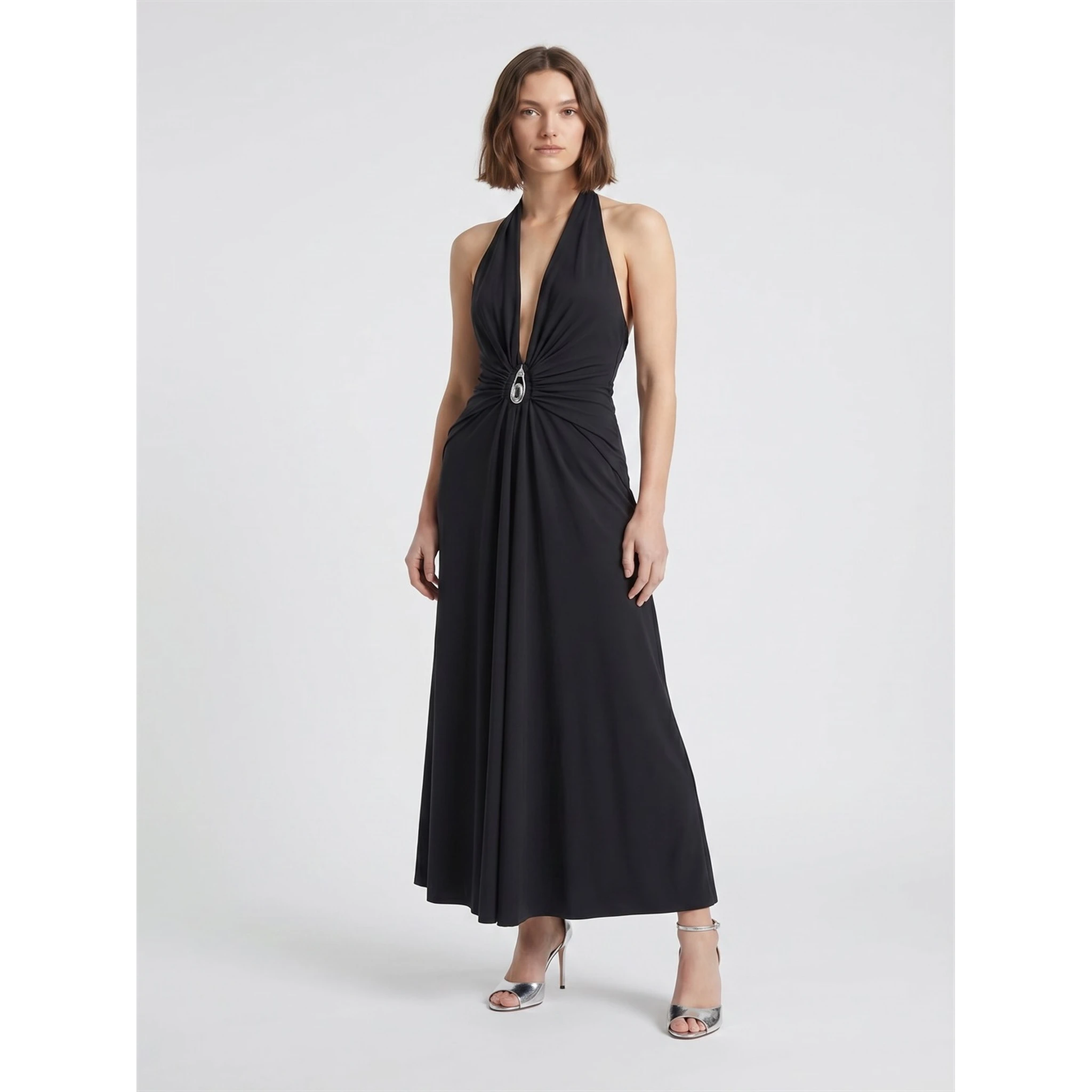 CRYSTAL PENDANT RUCHED LYCRA HALTER DRESS