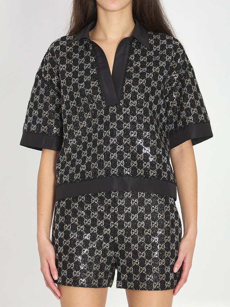 Embroidered lamé wool tweed shorts