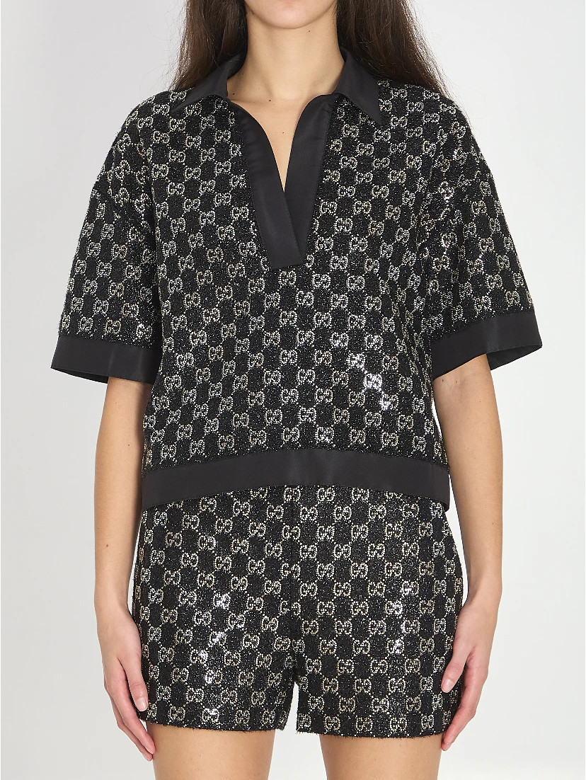 Embroidered lamé wool tweed shorts