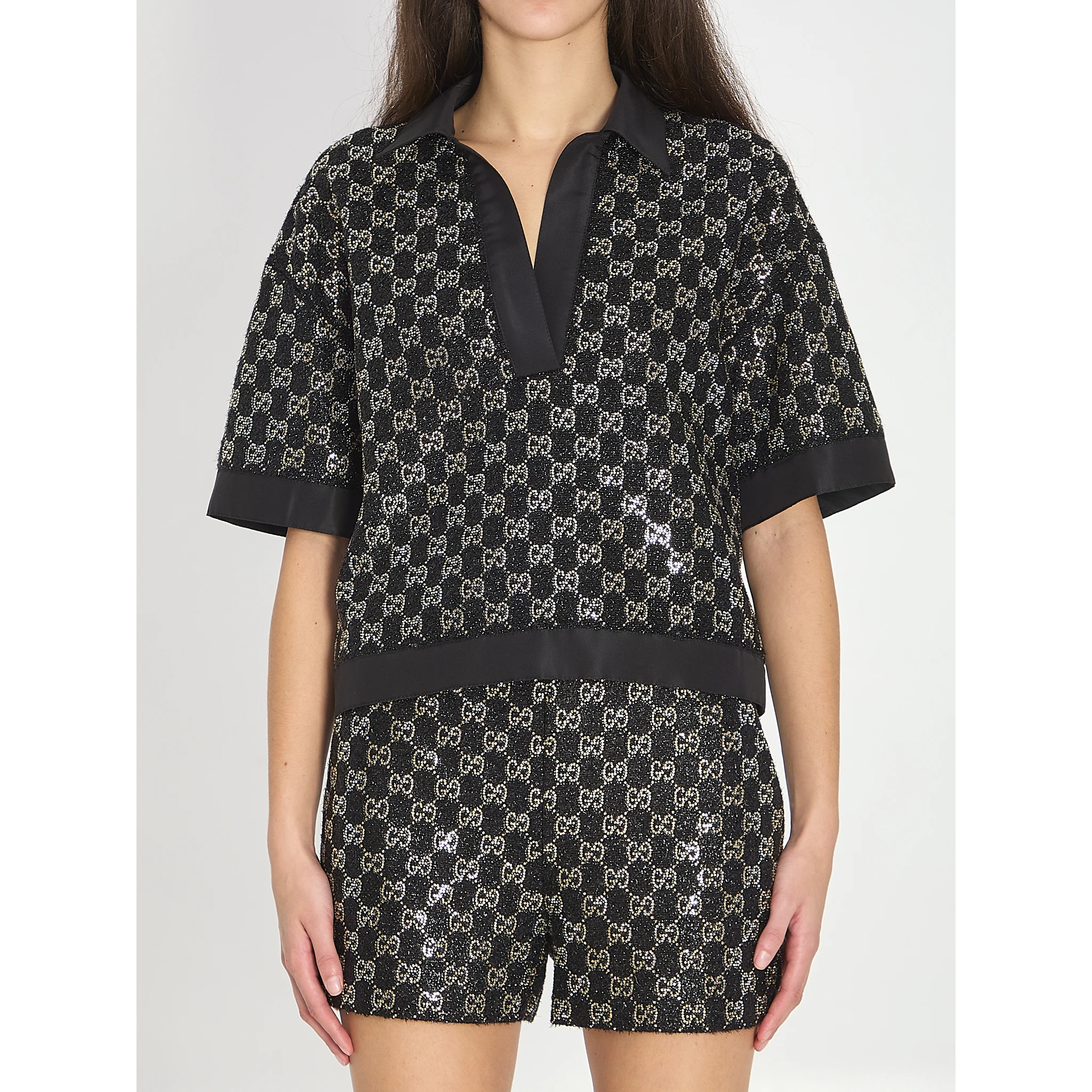 Embroidered lamé wool tweed shorts