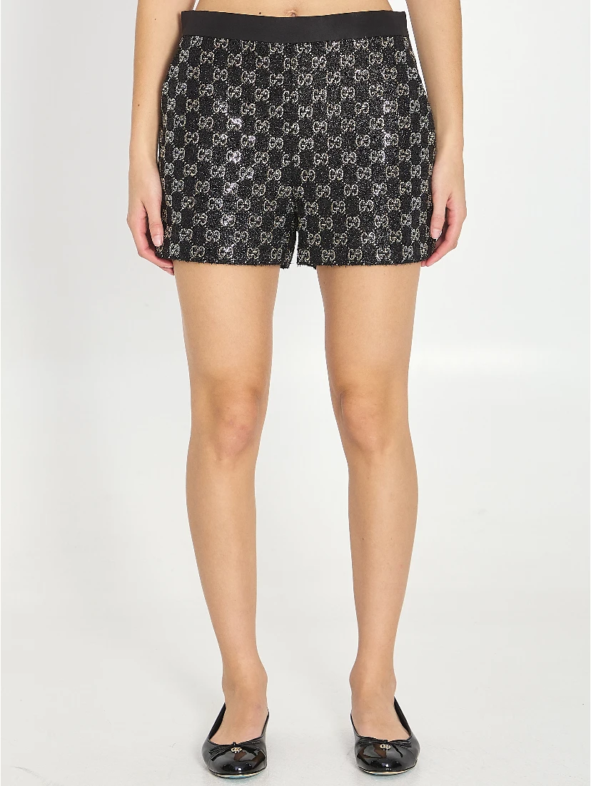 Embroidered lamé wool tweed shorts