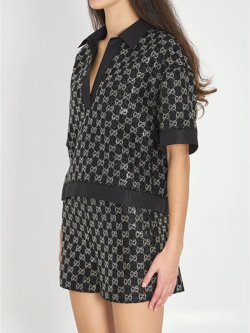 Embroidered lamé wool tweed shorts