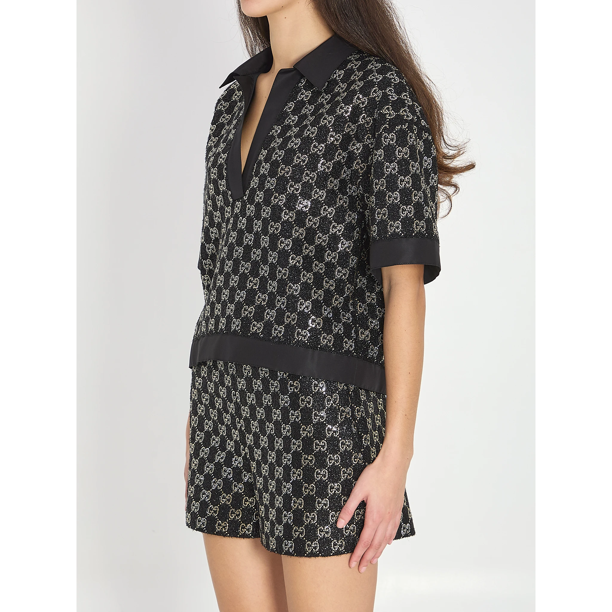 Embroidered lamé wool tweed shorts