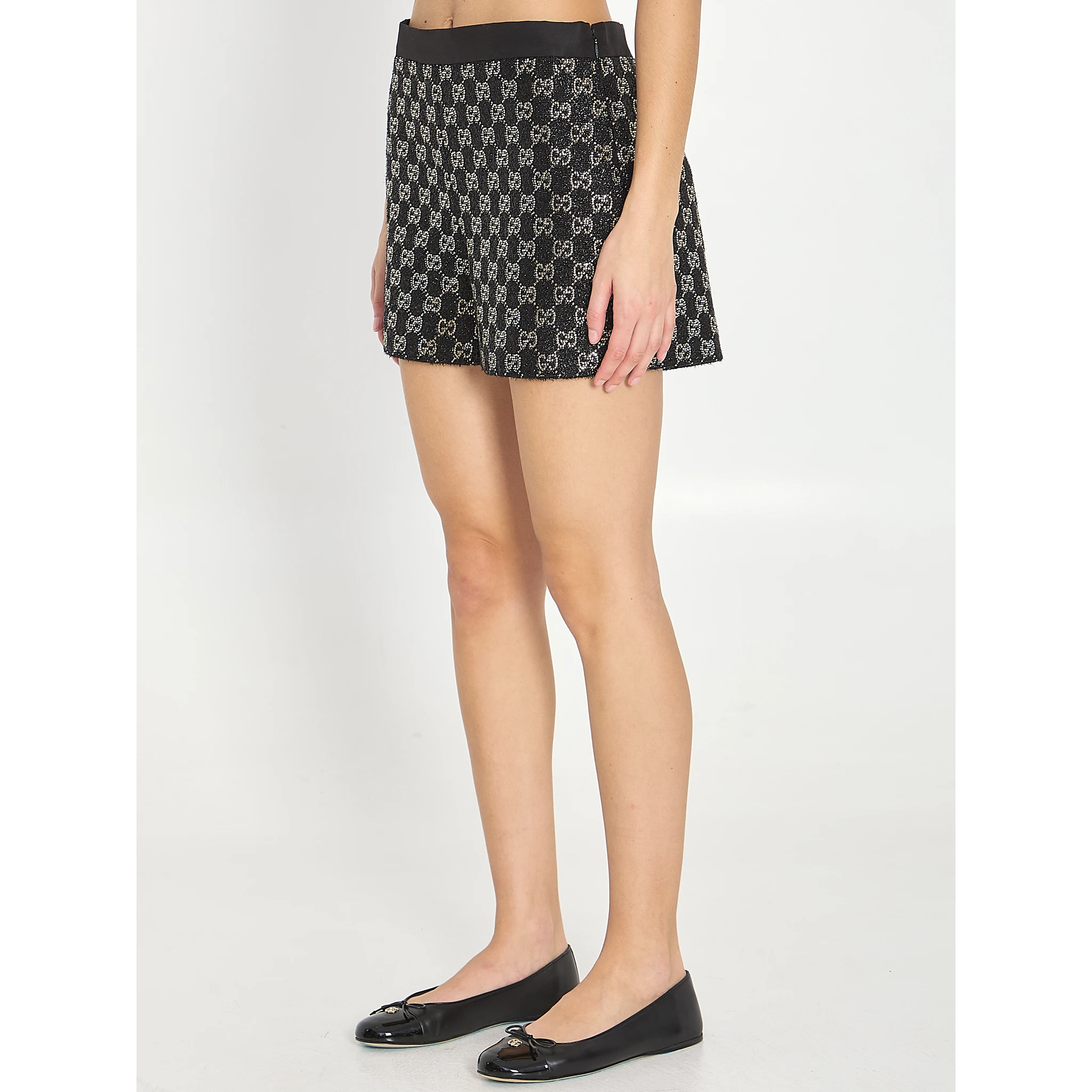 Embroidered lamé wool tweed shorts