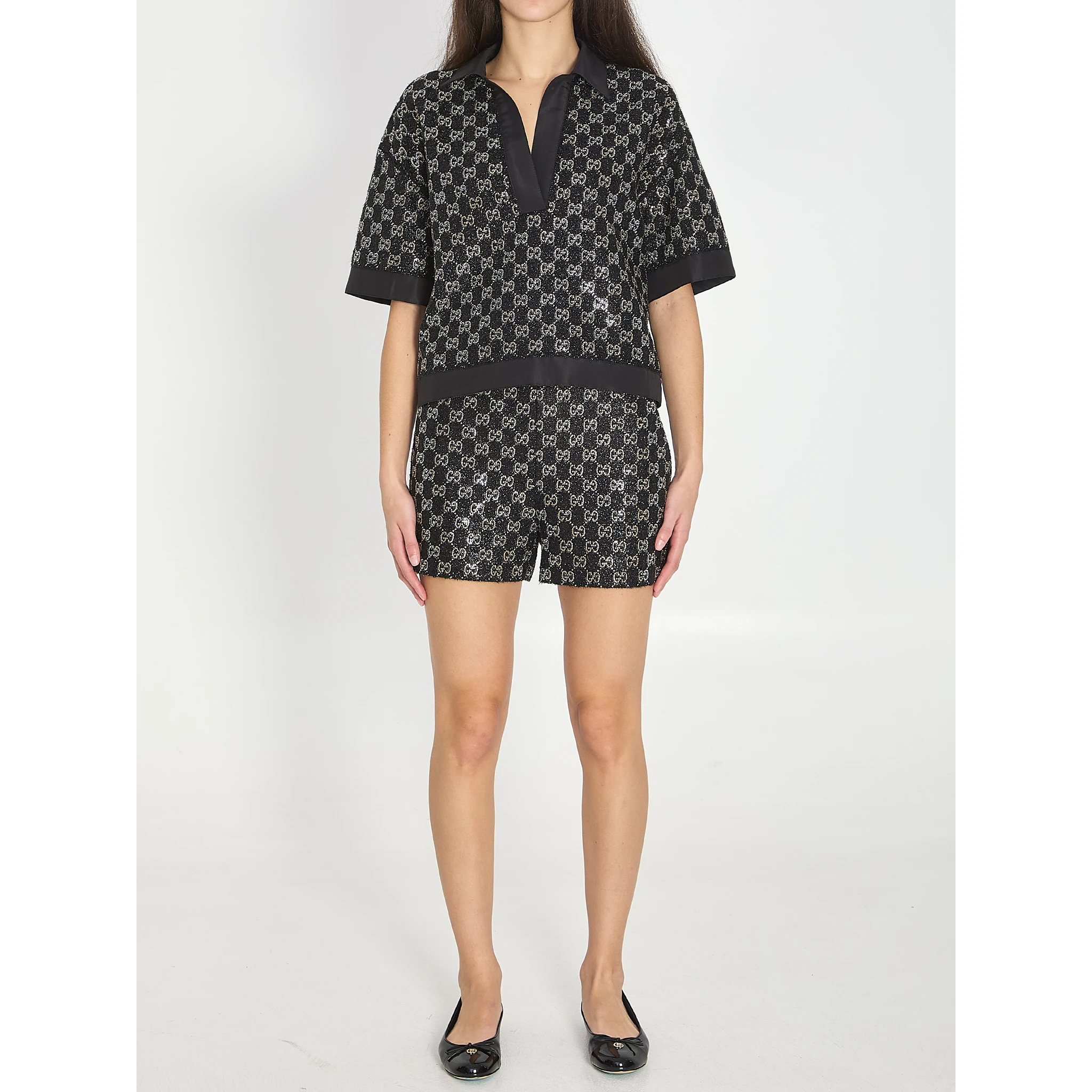 Embroidered lamé wool tweed shorts