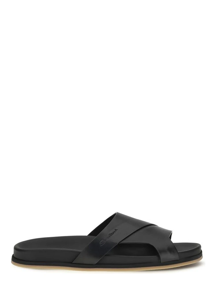Black Calf Leather Bos Taurus Flat Sandals