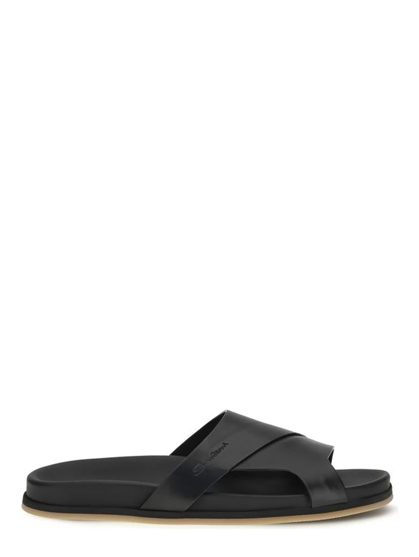 Black Calf Leather Bos Taurus Flat Sandals