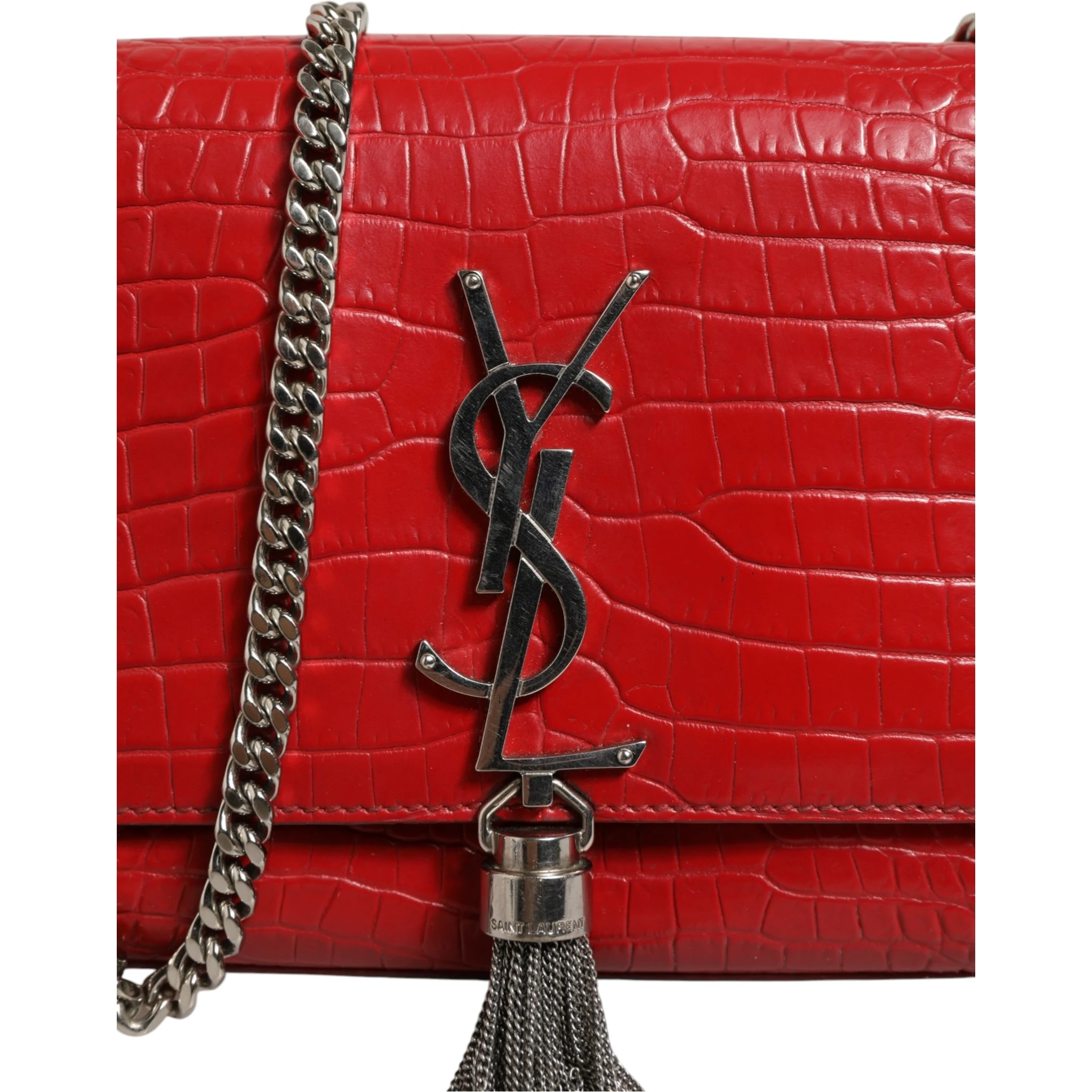 Kate Tassel Chain Bag in Red Crocodile Embossed Leather