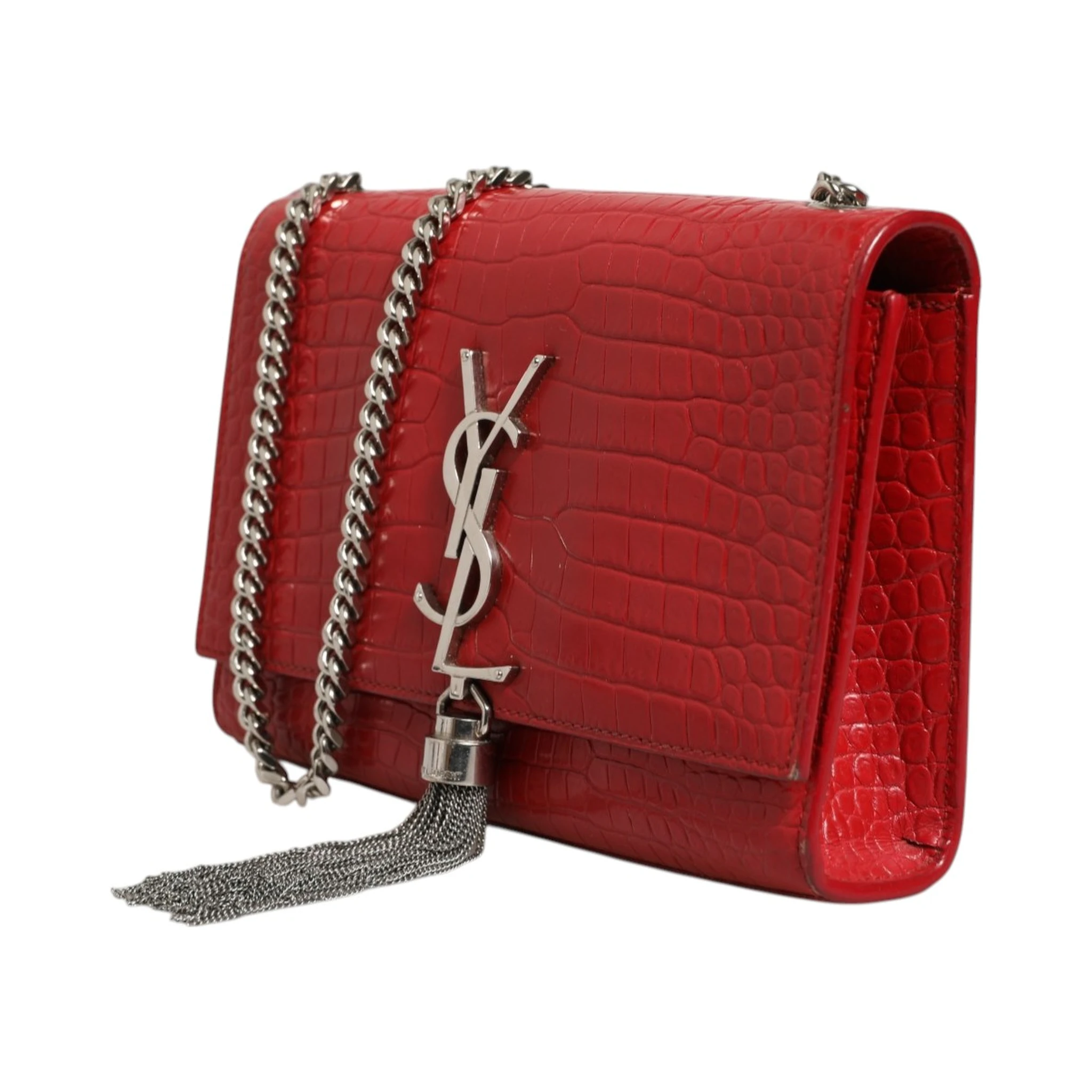 Kate Tassel Chain Bag in Red Crocodile Embossed Leather
