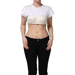 White Bustier Short Sleeve CrewNeck Cropped Top