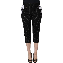 Black Lace Applique Pinstripe Cropped Pants