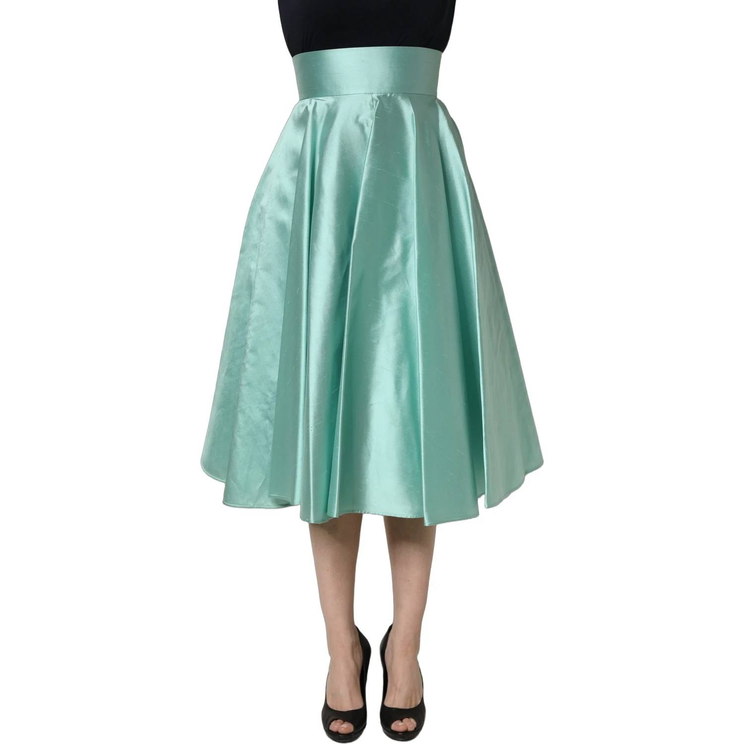 Green Satin High-Waisted Pleated A-line Midi Skirt