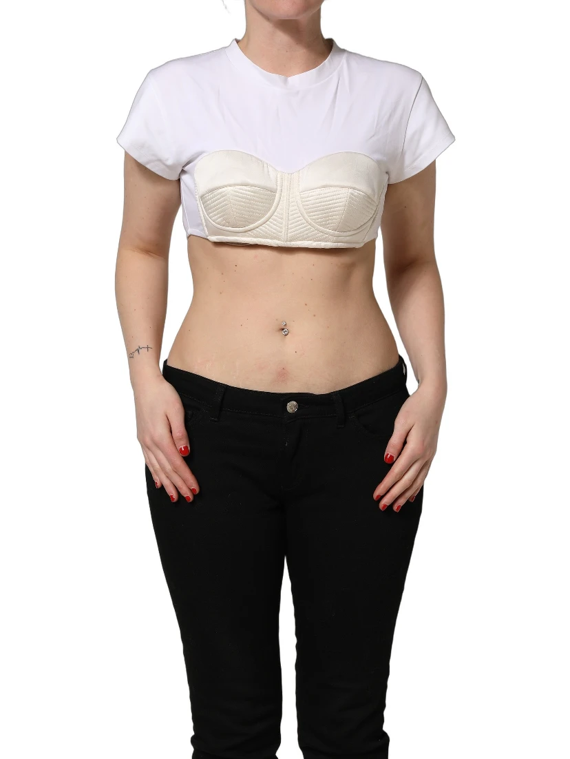 White Bustier Short Sleeve CrewNeck Cropped Top