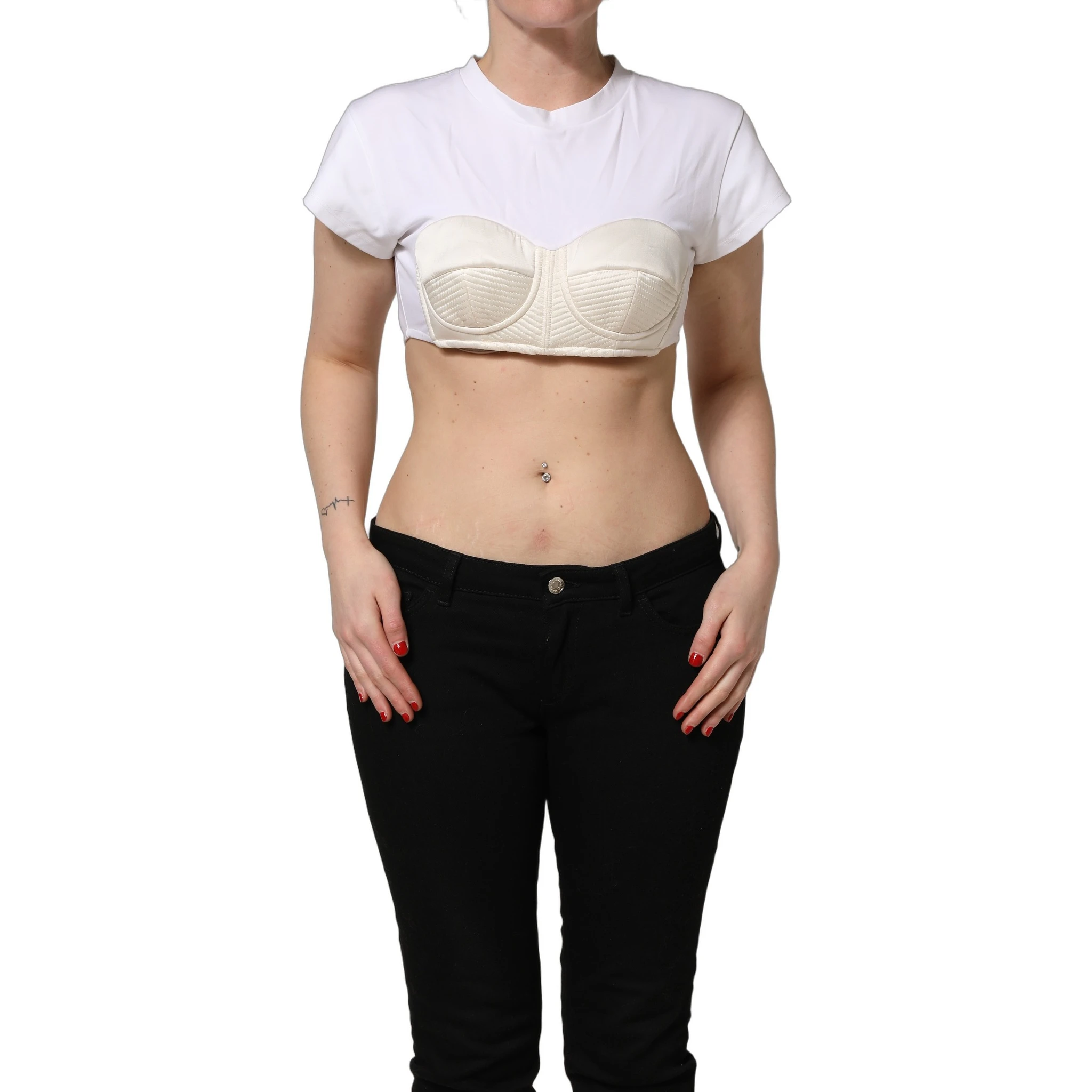 White Bustier Short Sleeve CrewNeck Cropped Top