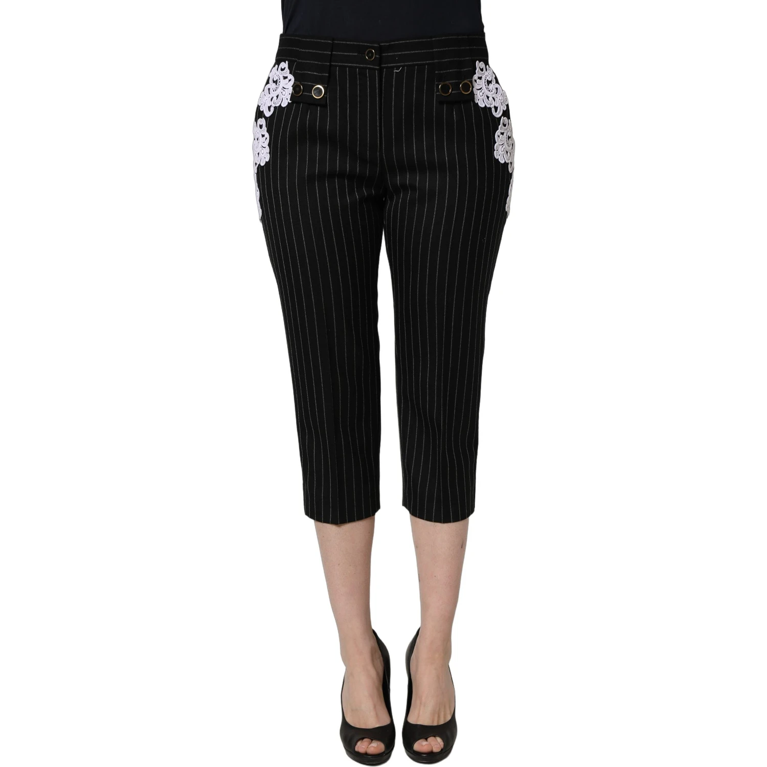 Black Lace Applique Pinstripe Cropped Pants