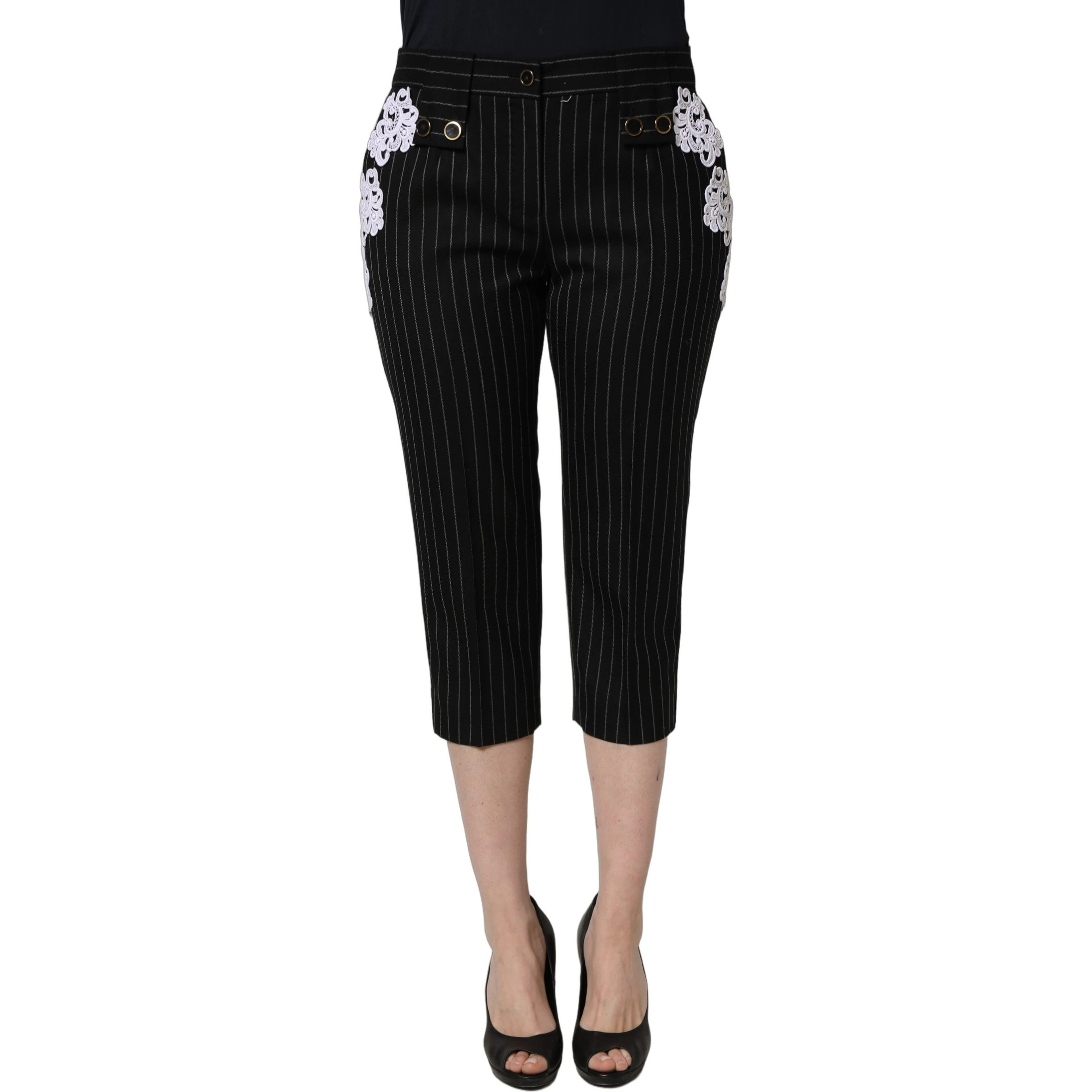 Black Lace Applique Pinstripe Cropped Pants