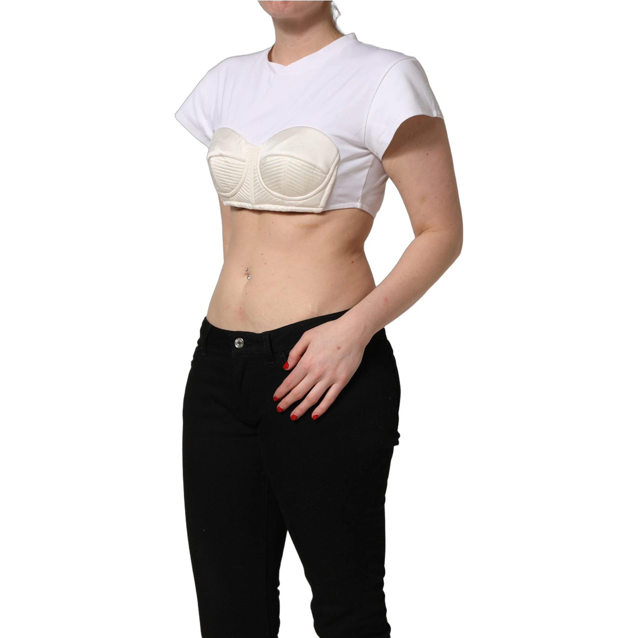 White Bustier Short Sleeve CrewNeck Cropped Top