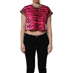 Pink Zebra Sleeveless Crew Neck Cropped T-shirt