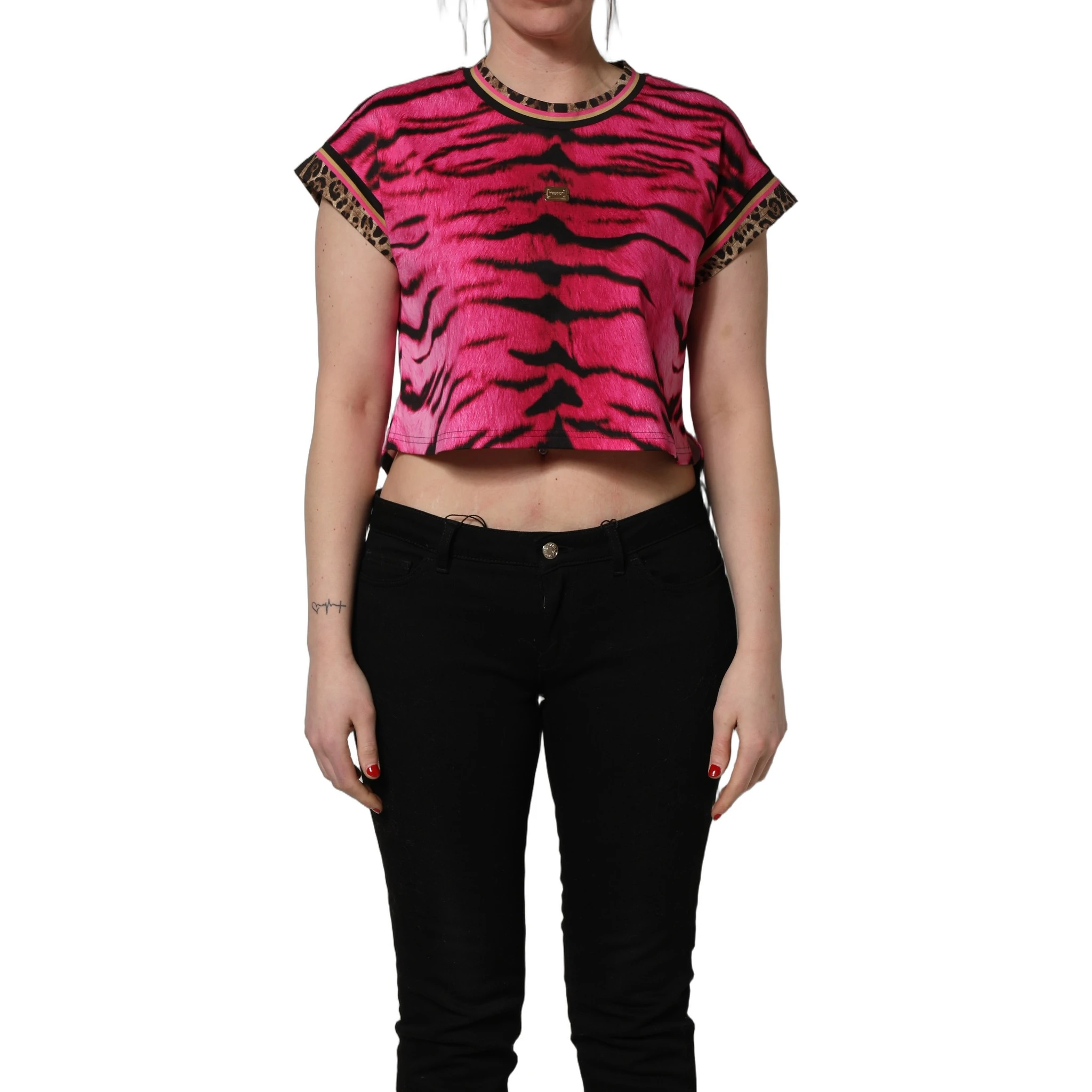 Pink Zebra Sleeveless Crew Neck Cropped T-shirt