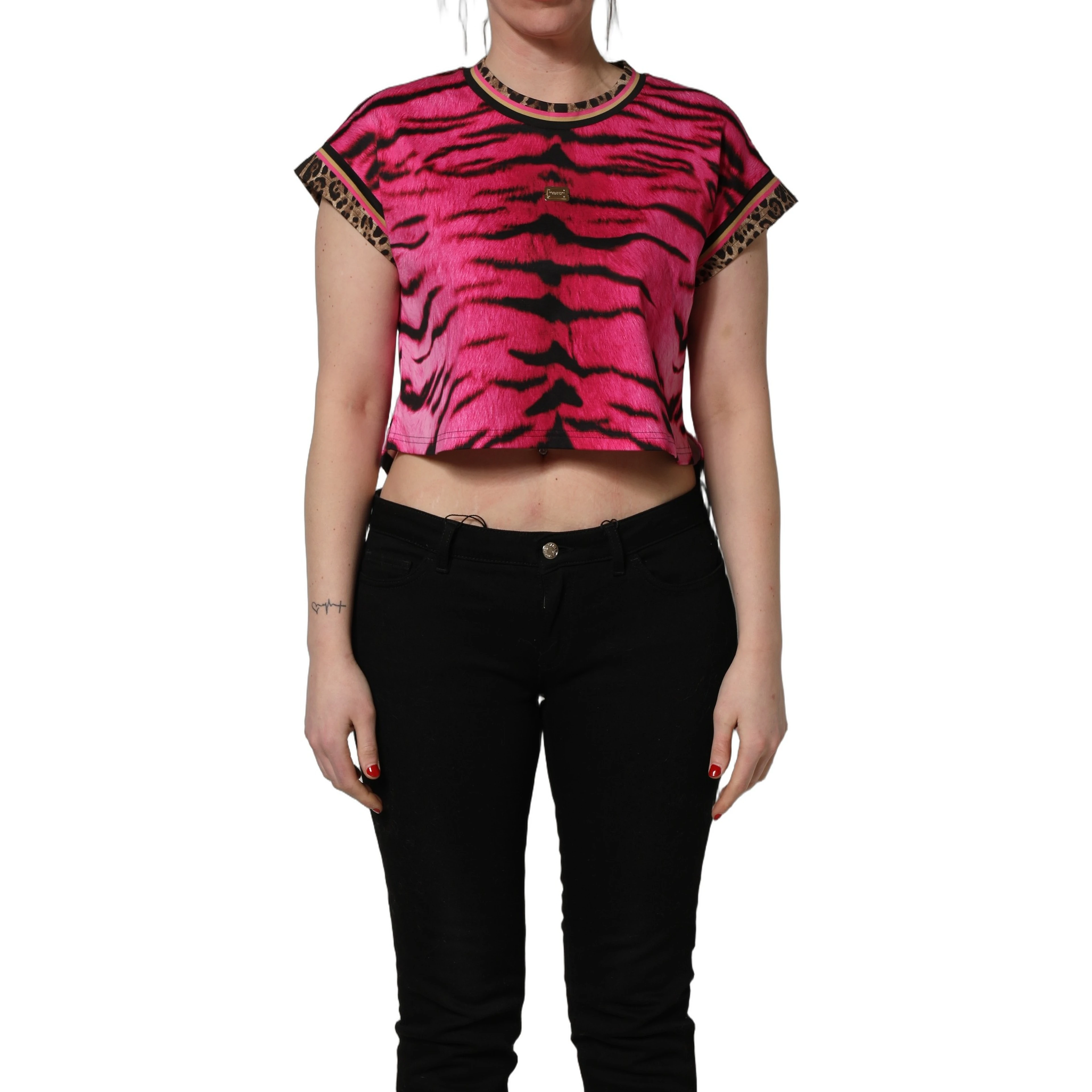 Pink Zebra Sleeveless Crew Neck Cropped T-shirt