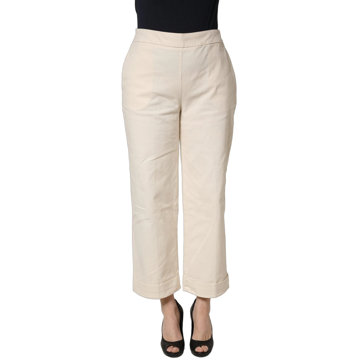 Beige High Waist Straight Capri Cropped Trouser Pants