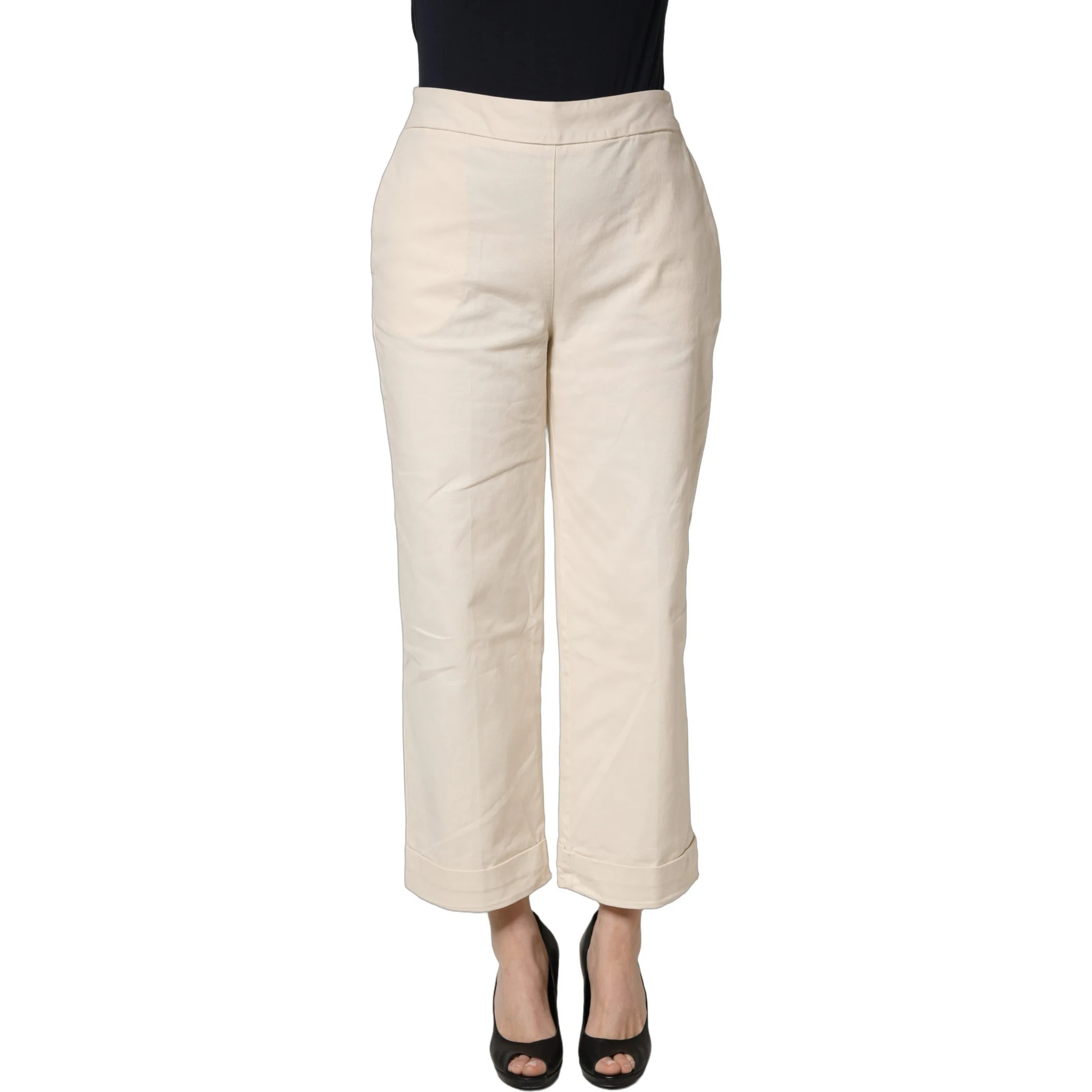 Beige High Waist Straight Capri Cropped Trouser Pants