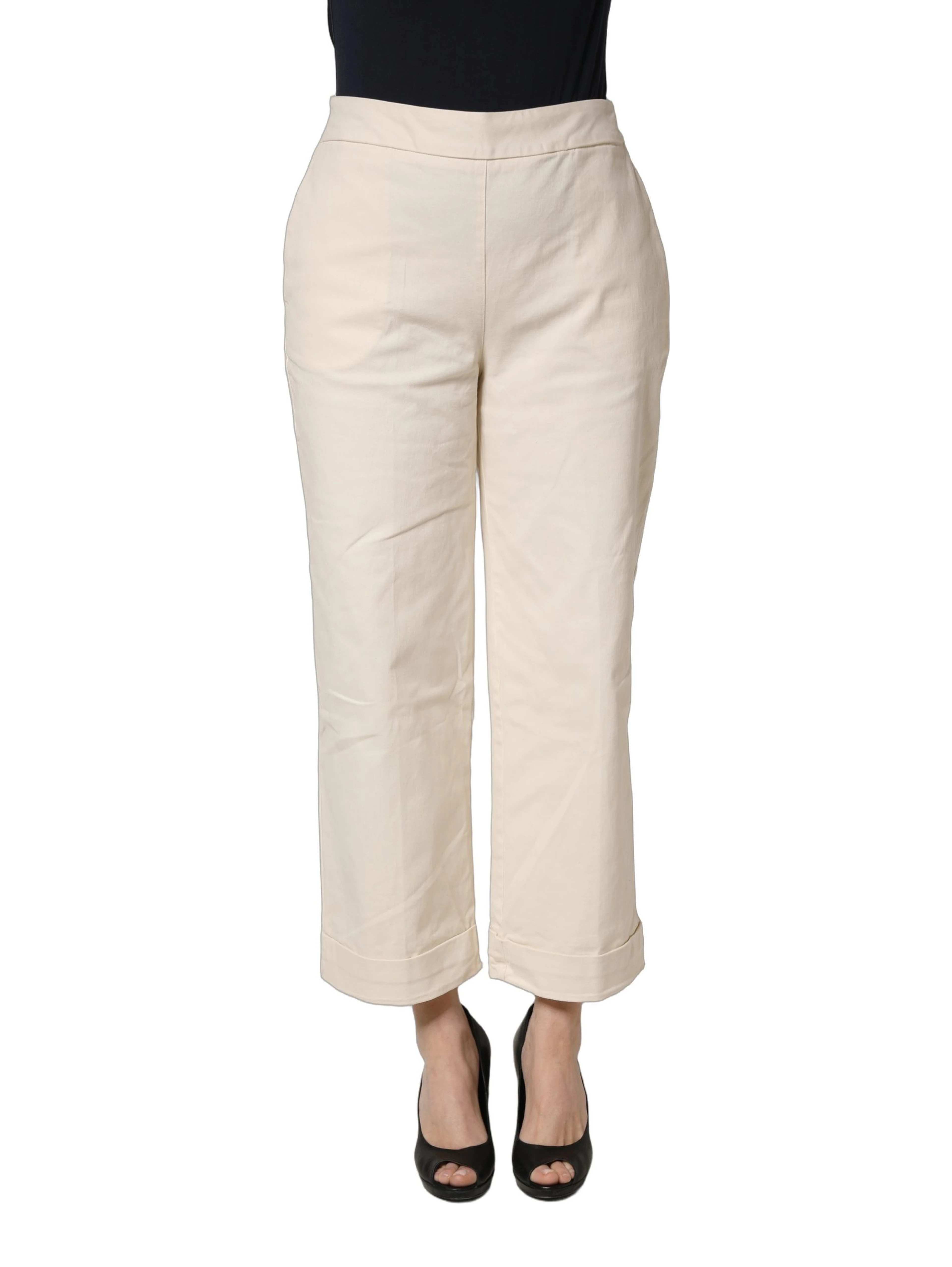 Beige High Waist Straight Capri Cropped Trouser Pants