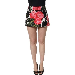Black Pink Carnation Floral Print Jacquard Mini Skirt