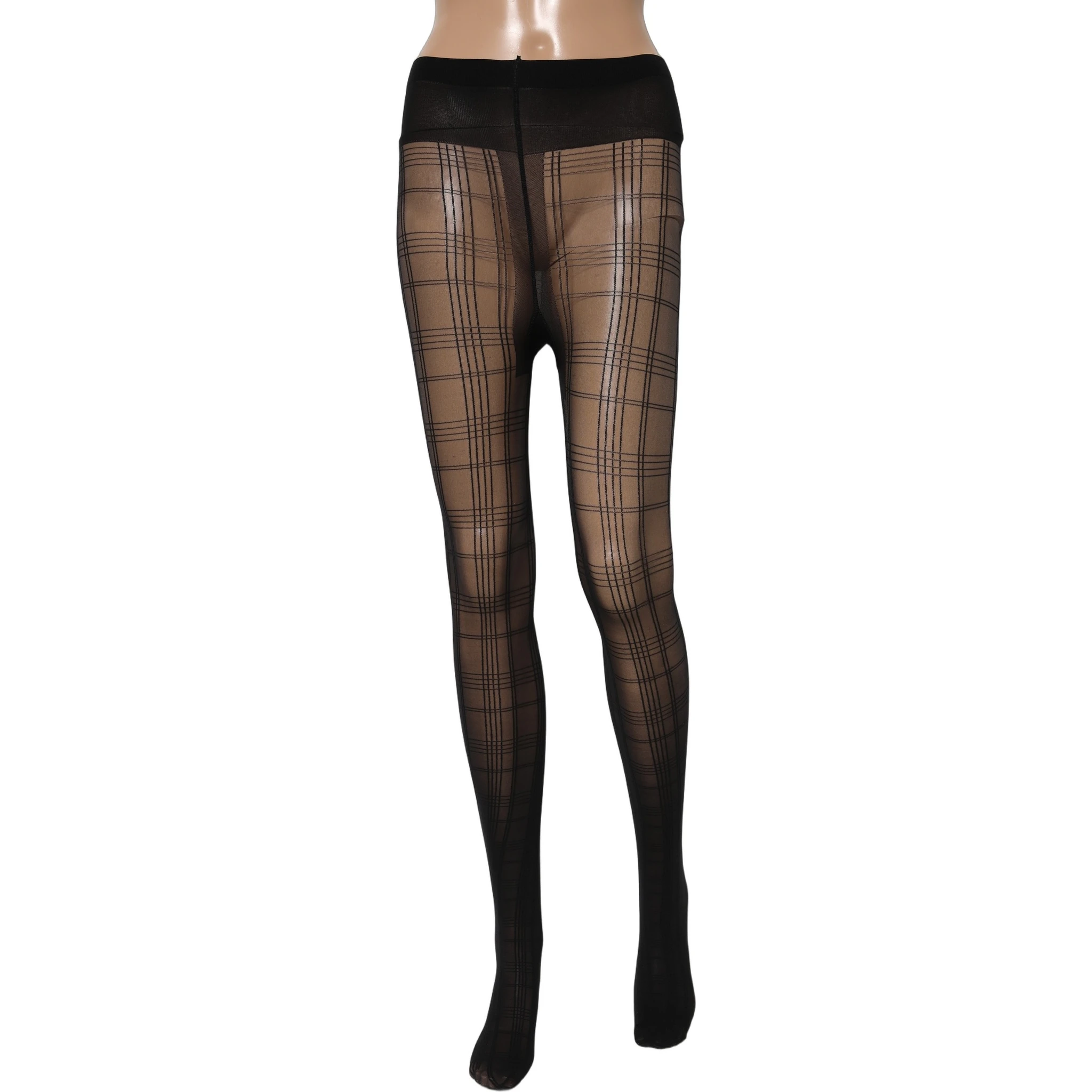 Black Nylon Tartan Pattern Tights Stockings Socks