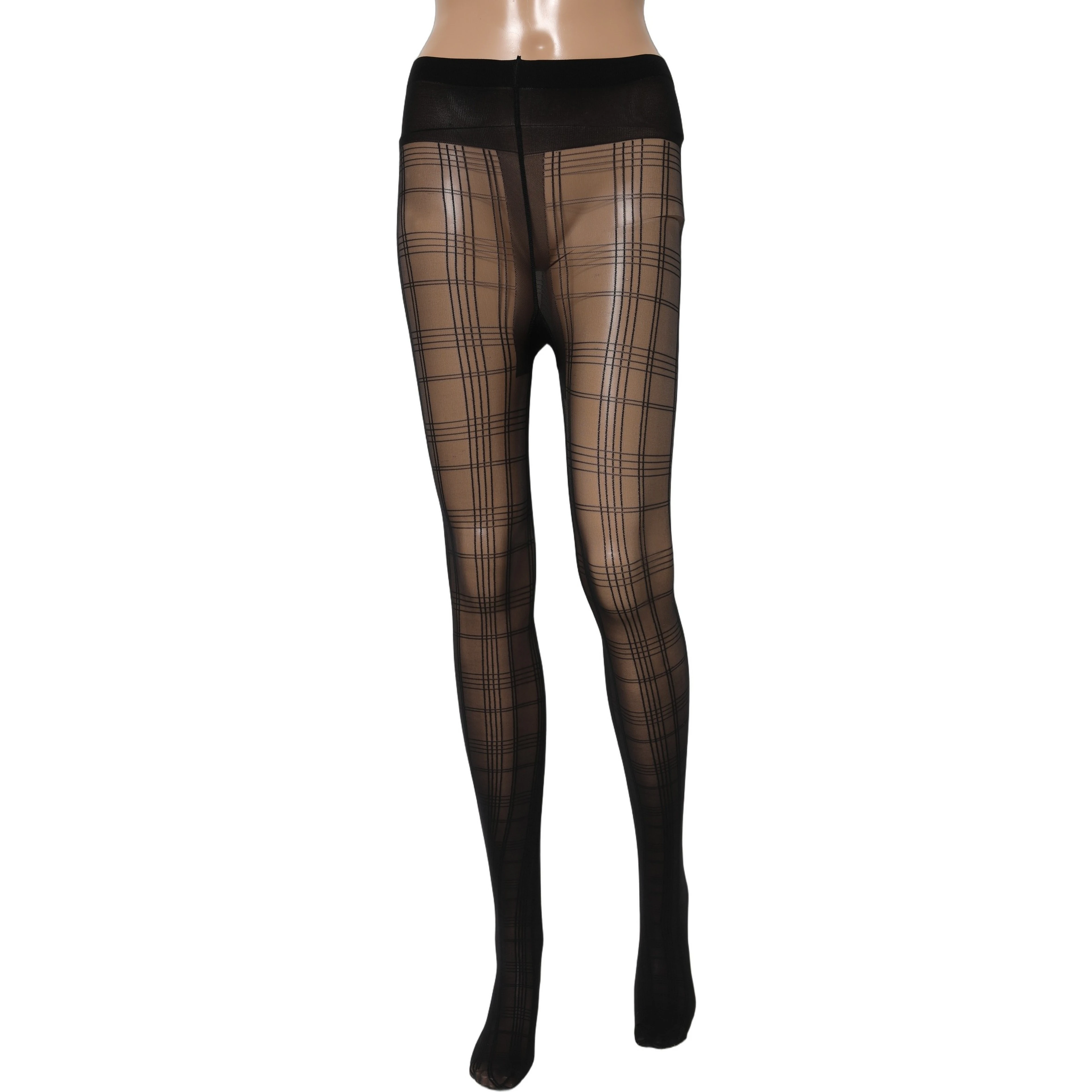 Black Nylon Tartan Pattern Tights Stockings Socks